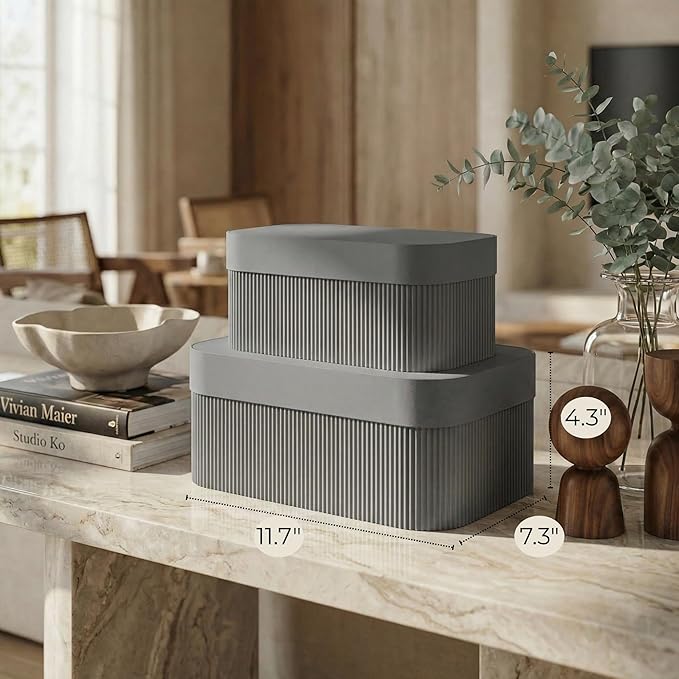 Decorative Storage Boxes with Lids – Set of 2 Beautiful Fluted Cardboard Organizer Bins for Your Home Bookshelf Decor to Safely Store Your Documents, Memory Box Items and Other Keepsakes in Style