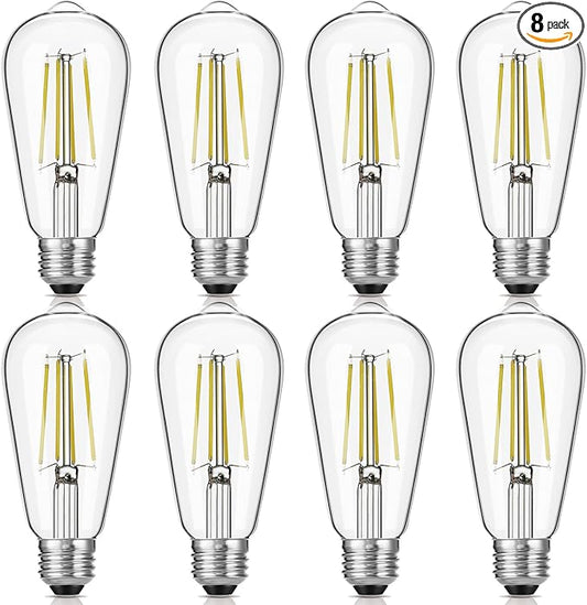 Gozelux LED Edison Bulbs 6W, Equivalent 60W, High Brightness Daylight White 5000K, 750 Lumens, ST58 Vintage LED Filament Bulbs with 90+ CRI, E26 Base, Dimmable, Clear Glass, Pack of 8