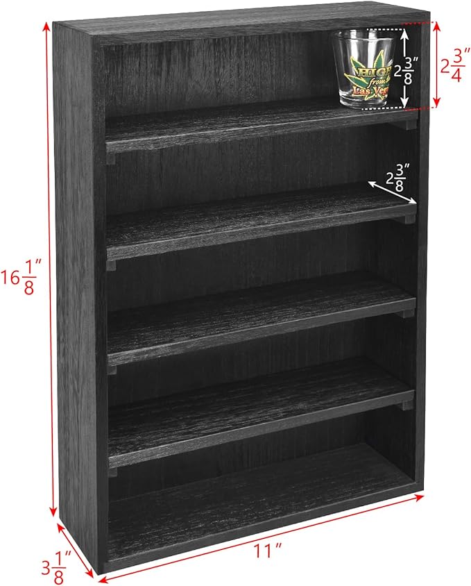 Ikee Design Wooden Wall-Mounted Display Shelves Rack for Collectibles, Figures,Shot Glasses,Spice Can,Cosmetics or Perfume, 5 Adjustable Height Shelves,Space-Saving, Black Color