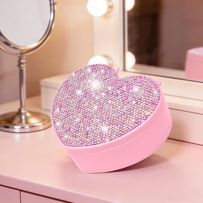 Bling Heart Jewelry Box for Girl，Jewelry Storage Organizer with Heart Make up Mirror,Glitter Jewelry Case Pendant Necklace Box for Earrings Rings Bracelets