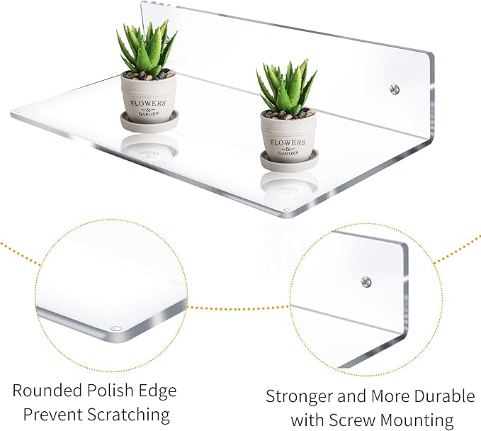 Jansburg 12 Inch L-Shaped Acrylic Floating Shelf Wall Mounted Shelves Invisible 5MM Thick Shelf for Wall Storage Clear Shelves for Makeup Photo Picture Book Record Display 2 Pack