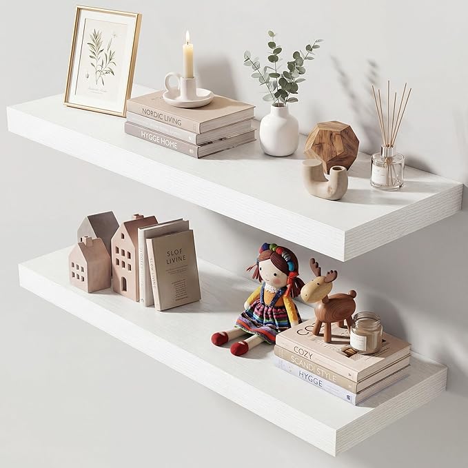 Dreamland 30 Inches Floating Shelves for Wall, 9.3" Deep Long Floating Shelves Set of 2, Large Display & Storage Shelf, Wall Shelf for Bathroom Bedroom Living Room Kitchen Office, White
