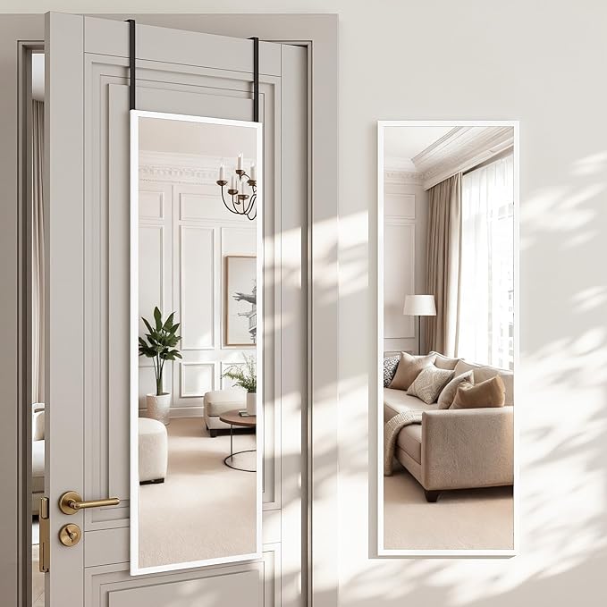 Antok 48''x 14'' Full Length Mirror Over Door, 4-in-1 Standing Leaning Wall Mounted, Adjustable Hanging Mirror for Bedroom Living Room, White, Rect Corner