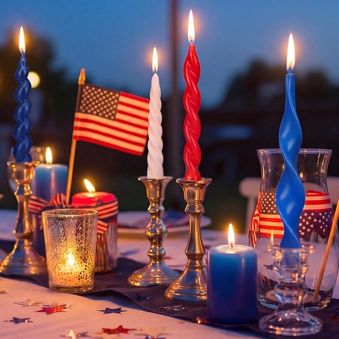 Nuanchu 4 Pcs Twisted Taper Candles Wax Unscented Smokeless Spiral Swirl Candlesticks for Wedding Holiday Dinner Party Home Decorations(7.87 Inch,Pure,Red White Blue)