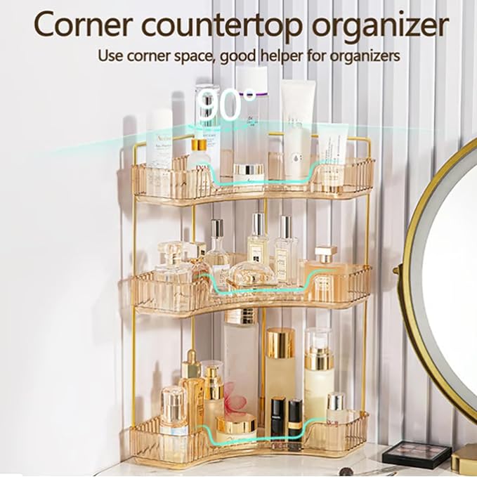 Multi-Tier Corner Countertop Organizer Rack, Makeup Organizer Countertop, Bathroom Counter Organizer, for Skincare and Cosmetics, Ideal Vanity Gift (Transparent Gold, 2-Tier)