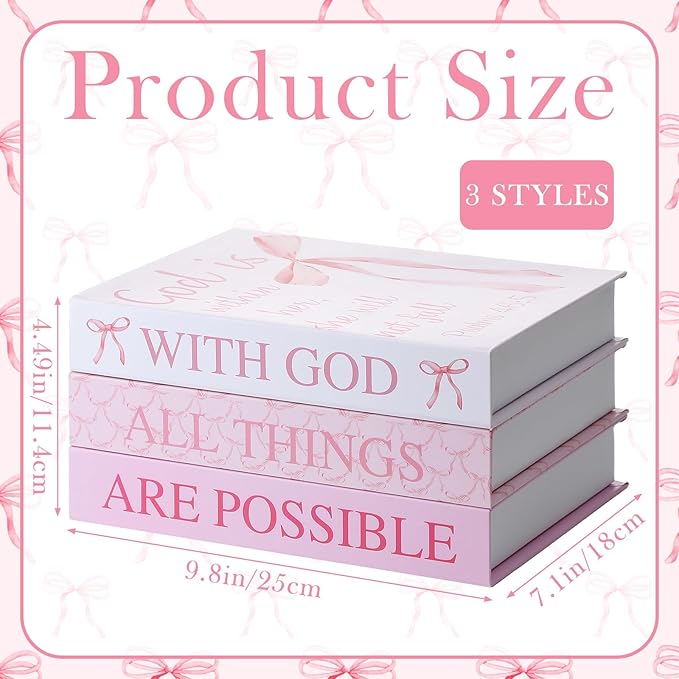 Beeveer 3 Pcs Pink Bow Decorative Books with Bible Verses for Coquette Room Decor Christian Preppy Fake Books with God All Things Are Possible Magnetic Storage Box for Girly Bookshelf School Christmas