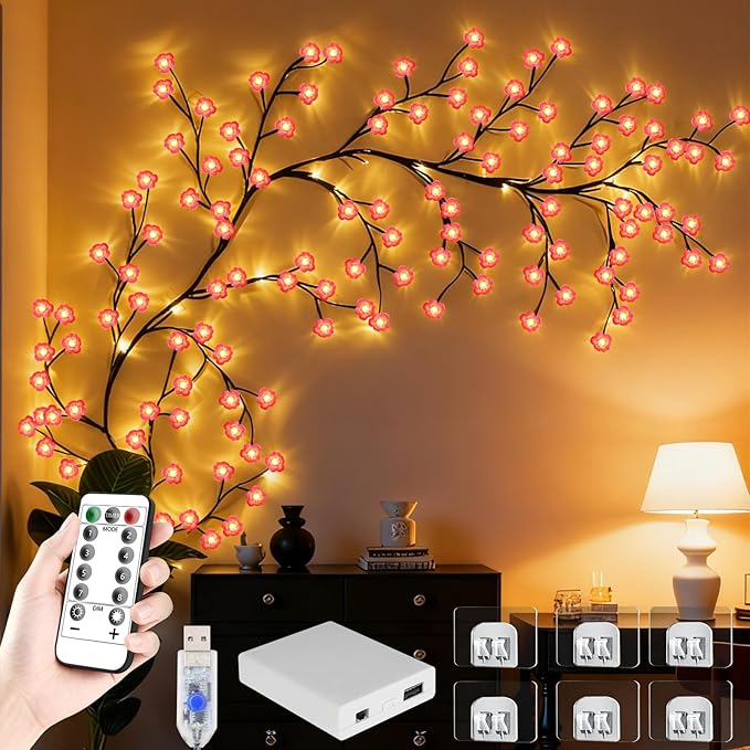 FNHMSL Cherry Enchanted Willow Vine Lights, 4FT 48LED 1PCS Pink Cherry Blossom Tree Branch Lights for Wall, Remote Timer,8 Light Model,Bedroom Wall Doors Wedding, Christmas, USB Battery Box