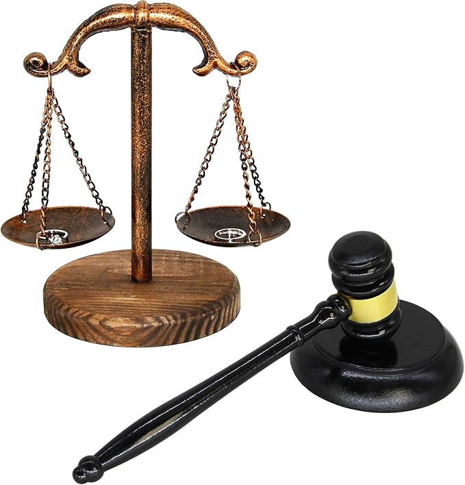Owlgift Justice Balance Scale with Fixed Beam and Gavel Set – 8” Courtroom Decor with Wooden Base – Decorative Gift for Lawyers, Judges, Auctioneers & Students