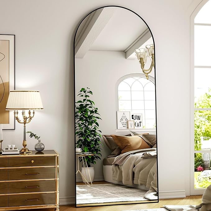 Arched Full Length Mirror 64"x21", Floor Standing Body Mirror with Aluminum Frame,Leaning Hanging for Bedroom Cloakroom Living Room Black