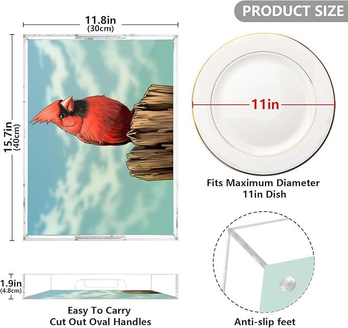 Qilmy Red Bird Acrylic Serving Tray with Handles 15.7 x 11.8 Inch, Clear Reusable Decorative Tray, Multi-Purpose Spill Proof Table Tray for Party, Coffee, Bathroom, Kitchen, Office