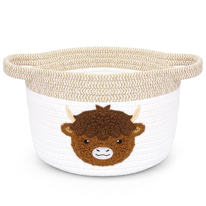Highland Cow Gift Basket - Small Woven Cotton Rope Organizer Basket for Nursery, Pet Toys & Baby Shower, Foldable Decorative Bin with Handles (7.8x6in)