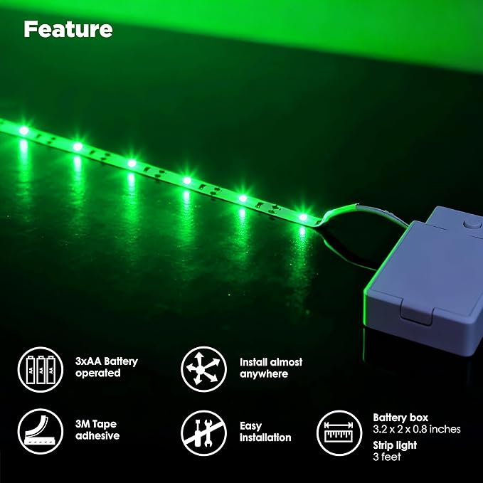BestLuz Battery Powered LED Strip Lights 2X 3.33ft Flexible Green Light Strip for Bedroom Room Decor, Lighting for Cabinet Shelf Closet TV Backlight