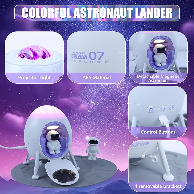 Lander Astronaut Projector Night Light, Built-in Speaker Space Man Buddy LED Planetarium Spaceman Lamp Gifts with White Noise Mode for Kids Adults Bedroom Ceiling Room Decor