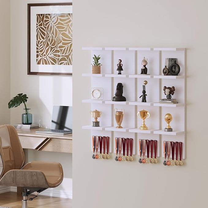LitaEther 4 Tier White Lack Shelf Vanity Wall Shelf with 10 Crystal Hooks - Multi-Functional Storage for Makeup, Jewelry, Plants, Awards & Display (L7.1 x W5.5 x H30.7) (2)