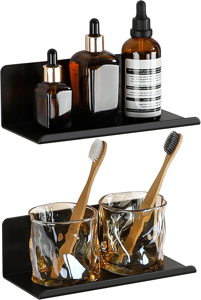 SAYAYO Black Floating Shelves for Wall Storage, 8 Inch Screw or Self Adhesive Wall Shelves for Bedroom Decor, Small Display Bathroom Shelf Organizer for Kitchen, Living Room, Office, 2pcs
