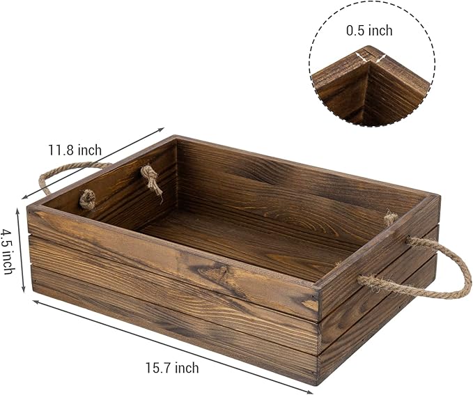 MyGift 15 Inch Large Rustic Brown Solid Wood Decorative Storage Box with Rope Carrying Handles, Country Style Wooden Crate, Farmhouse Pallet Design Open Top Bin