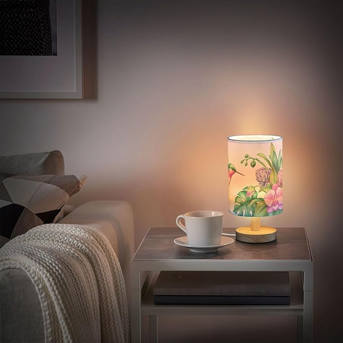 Table Lamp Flying Hummingbird Nature Tropical Orchid Flower Jungle Leaves Nightstand Lamp with Wood Base Fabric Lamp Shade Bedside Desk Lamp for Living Room Bedroom Kids Room Office