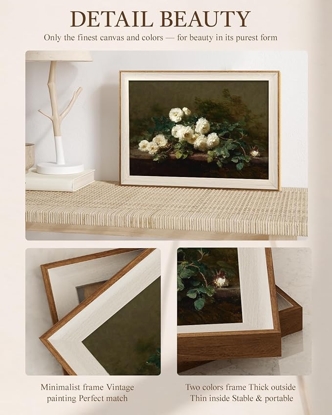 VIYYIEA Vintage Framed Wall Art for Living Room, White Rose Canvas Prints, Oil Painting Home Decor, Flowers Picture, Bathroom Wall Decor Gifts for Friends or Family - 16L x 12W
