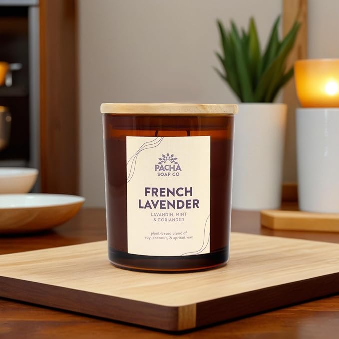 Pacha Soap Co. French Lavender Candle - Lavandin, Mint, and Coriander Scented, Soy, Coconut & Apricot Wax Blend, Cotton Wick, 40+ Hour Burn Time, Long-Lasting, Recyclable, Made in The USA, 7 oz