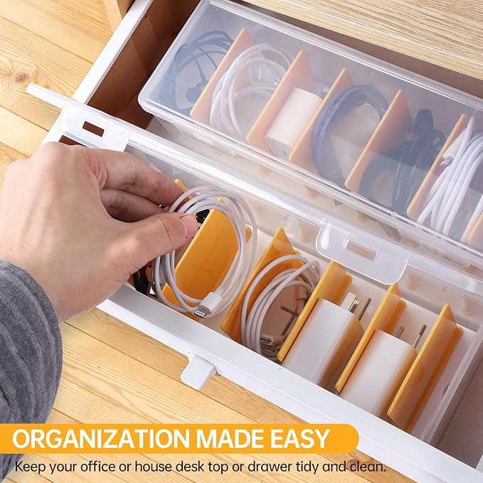 PAVSTINE 2 Pack Clear Cable Organizer Box with Lid, Plastic Charger Cable Cord Storage Organizer, Office Desk Organizers, Multifunctional Accessories Storage for Home Drawer Office, Stackable