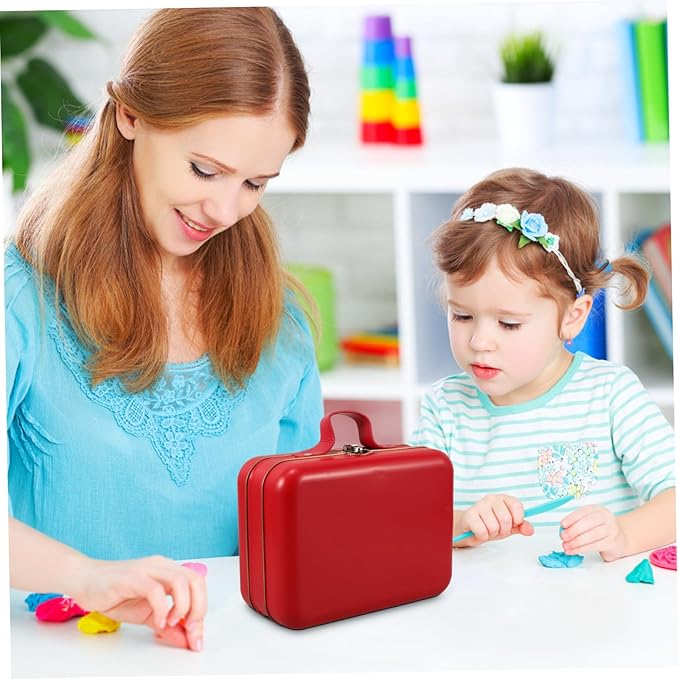 UKCOCO Vintage Mini Suitcase Storage Box with Handle Multipurpose Organizer for Makeup Electronics Tools Portable Red Tinplate Case for Travel Home and Party Decoration