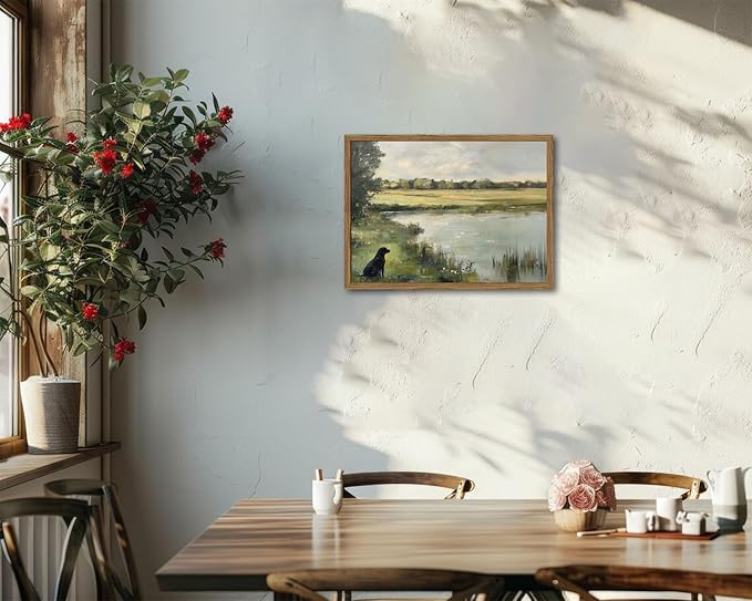Framed Vintage Hunting Black Dog Wall Art, Rustic Country Nature Landscape Pictures Wall Decor, Farmhouse Animal Paintings Canvas Prints Aesthetic Home Decor for Living Room Bedroom 12x16 inch