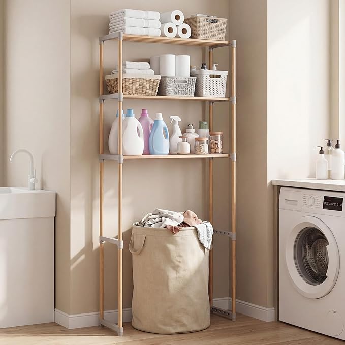 Giantex Over The Toilet Storage Shelf, 3-Tier Pine Wood Space-Saving Above Toilet Shelf Rack, Freestanding Over Toilet Bathroom Organizer for Laundry, Balcony, Restroom