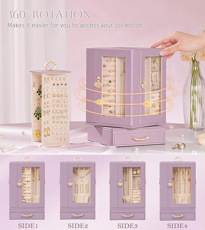 Enthralite Jewelry Box Large for Dresser: Women Necklace Ring Storage Organizer with Compartments - Elegant Earring Holder Display - 360° Rotating Jewelry Organizer with Glass Door