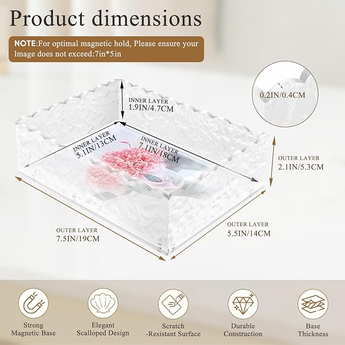 7.5"x5.5" Scalloped Acrylic Tray with Magnetic Mat - All-in-One Organizer for Jewelry, Makeup, Desk & Vanity, 2-in-1 as Tray & Photo Stand, for Women, Mom, Bride