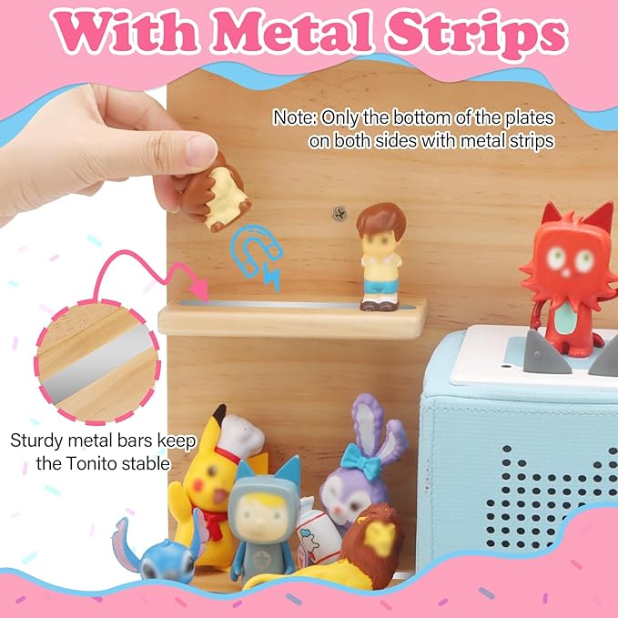 for Tonies Box Storage Shelf Wall Mounted, 3-Tier Magnetic Pine Wood Floating Shelves Organizer for Tonie box1/2 Player, Tonies Figures, Earphones, Display Collection 20~30 Characters
