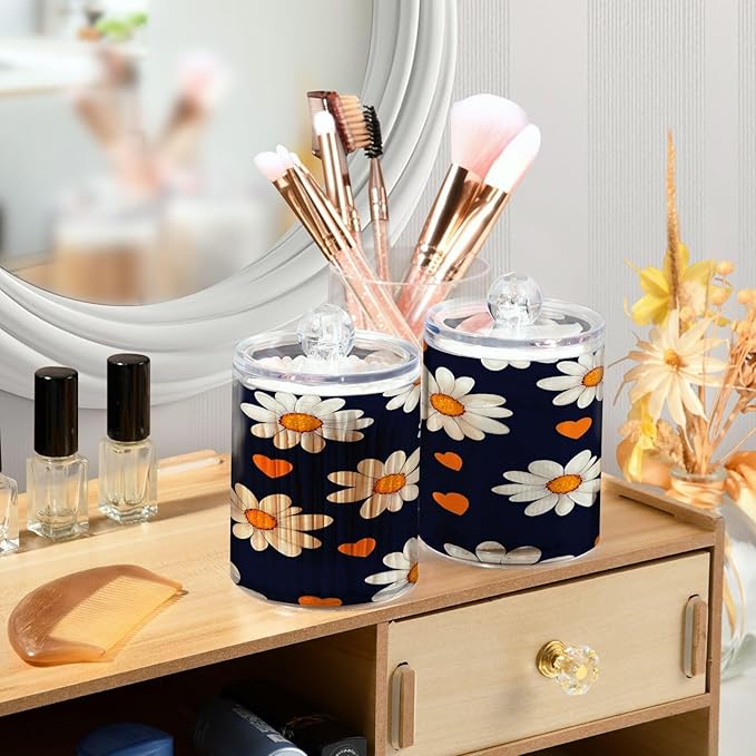 Nander 4Pack Beautiful Daisy Petals Qtip Holder Dispenser -Clear Plastic Apothecary Jars Set - Restroom Bathroom Makeup Organizers Containers for Cotton Swab, Ball, Pads, Floss