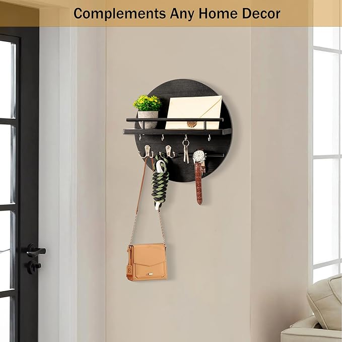dreampossible Key Holder for Wall Decorative with Shelf and Hooks, Mail Organizer Wall Mount, Circular Design Entryway Key Rack Hanger, Rustic Home Decor (Black)