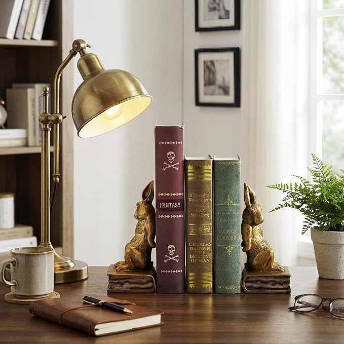 Kathfly Easter Bunny Bookends, Decorative Gold Rabbit Bookends for Shelves Vintage Resin Rabbit Book Ends, Cute Animal Bookend Supports for Home Office, Housewarming Gift, Set of 2