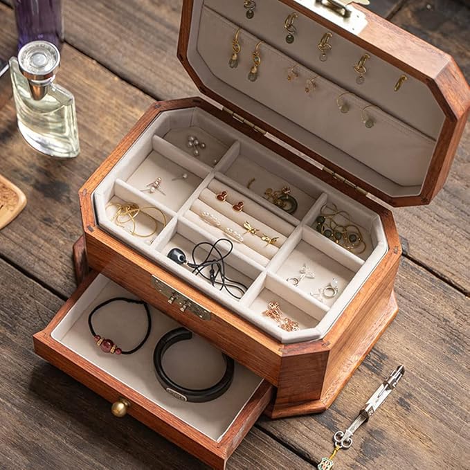 Makeup Organizers Chinese Style Vintage Jewelry Box Wooden 3-Layer Storage Box Cosmetic Box Ring Earring Necklace Bracelet Watch Storage Box 10.11 Inches Jewelry Case