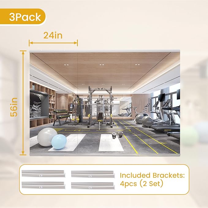 65X24 3Pack Large Home Gym Mirror, Frameless Tempered Glass Dance Wall Mounted Mirror for Home, Yoga, Dancing, Studio, Living Room