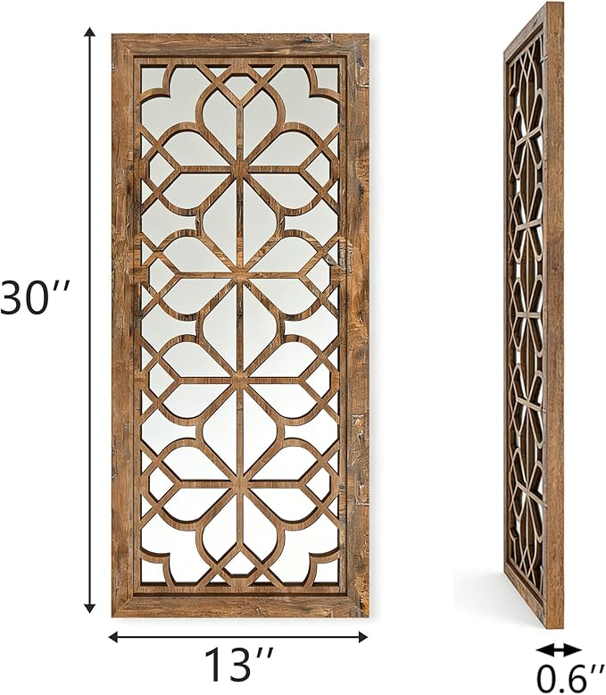Set of 2 13x30 Inch Large Redbrown Shatterproof Carved Floral Wood Frame Wall Mirrors, Boho Farmhouse Rustic Accent Mirrors for Living Room Bedroom Bathroom & Home Decor