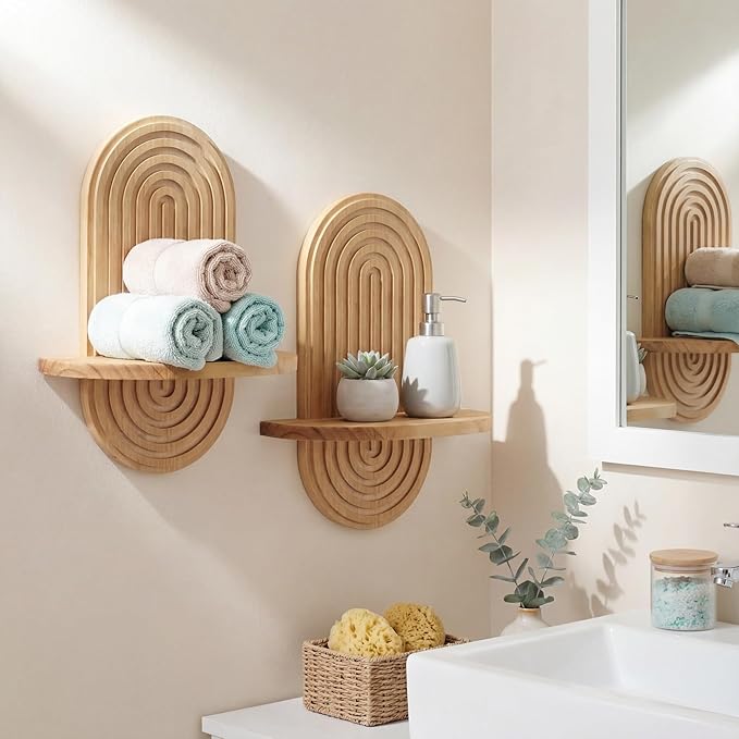 Heiple Set of 2 Boho Arched Floating Shelves 15.7”x 7.8” Plant Wooden Hanging Shelf for Living Room Bedroom Nursery Mid Century Modern Wall Decor Office Holding Planter (Brown, 11.7 * 15.7)