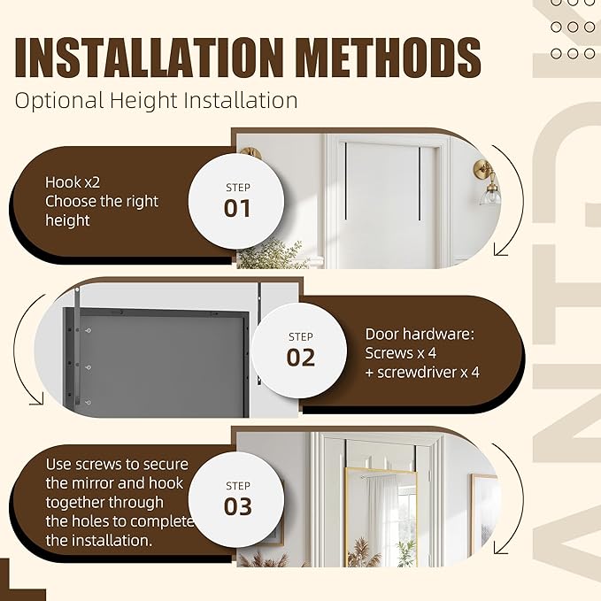 Antok Over The Door Mirror Full Length, 49'' x 14''Wall Mounted Hanging Mirror, Aluminum Alloy Frame, Shatterproof Glass, No Drill Installation for Bedroom, Closet, Bathroom, Dorm, Rect Corner,Black