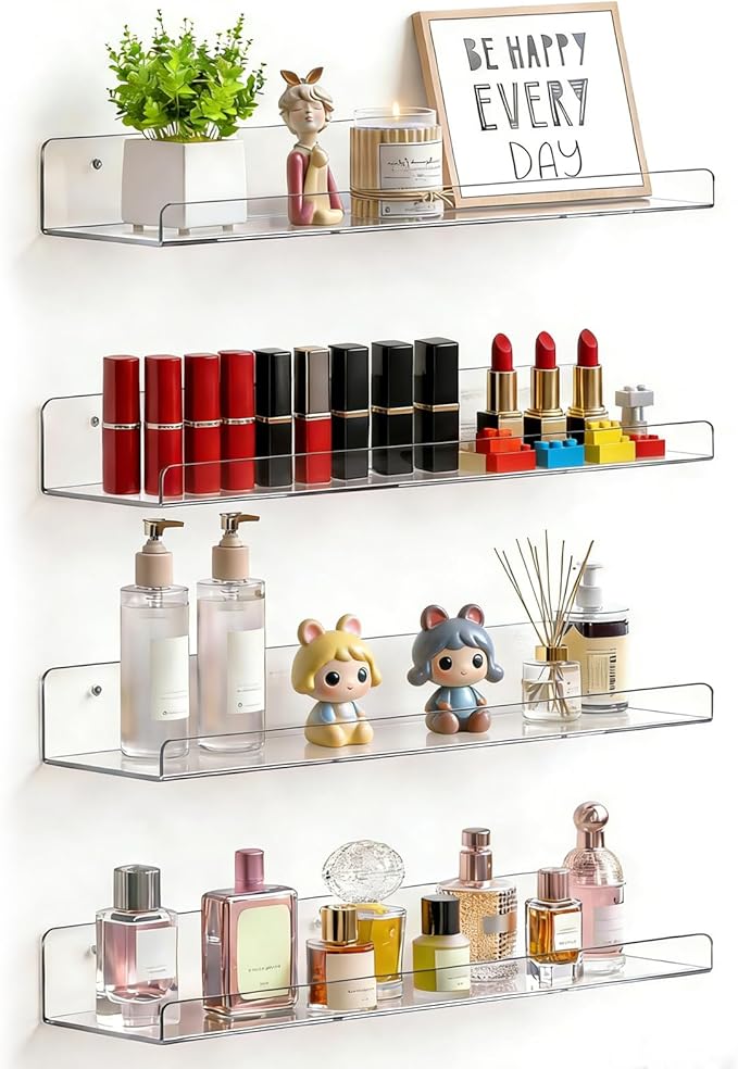 Acrylic Floating Shelves, 15.7 Inch Clear Wall Mounted Display Ledge, Invisible Bookshelf for Nursery, Makeup Organizer, Vinyl Records, 2-16 Pack (4)