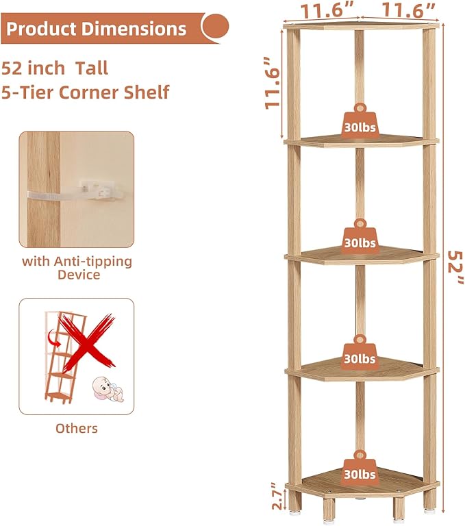 YUFAM 5-Tier Corner Shelf with Sturdy 5-Leg Base, 52in Tall Narrow Bookcase for Small Spaces, Wooden Plant Display Shelf, Thin Bookshelf for Living Room, Bedroom, Office, Natural