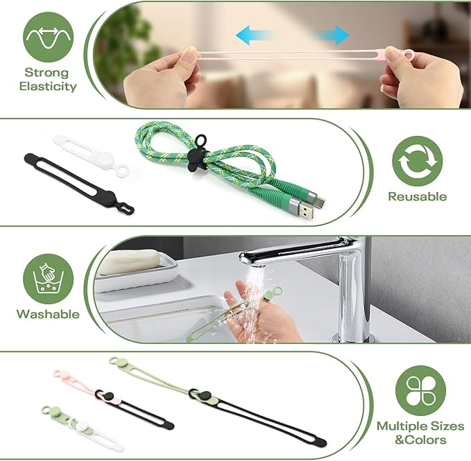 Silicone Cable Organizer Ties, Reusable Elastic Cord Ties for Charging Cables, Electrical Cords Computer Wire Organization(24Pcs, 4Colors)