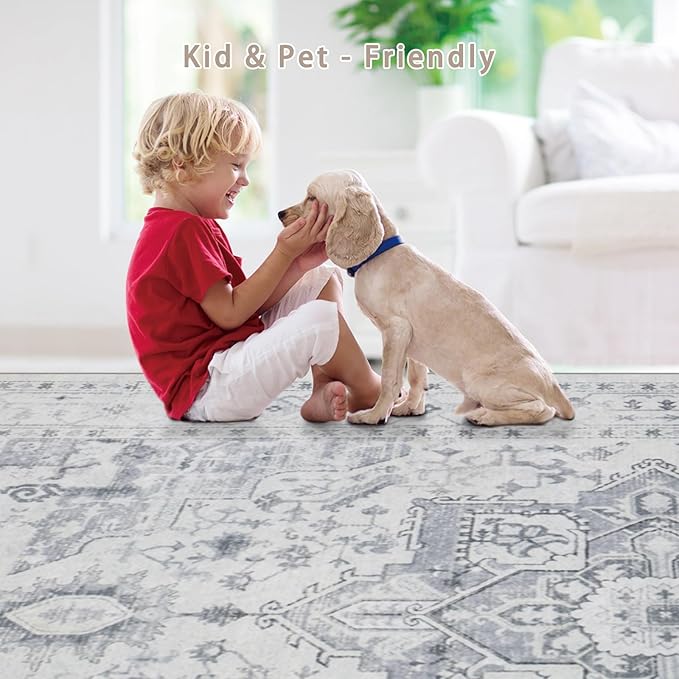 Srugn Area Rug 8x10 Washable Area Rugs for Living Room- Ultra Soft Non-Shedding Faux Wool Bedroom Rug Large Grey Vintage Print Rugs with Non Slip Rubber- Indoor Retro Foldable Carpet for Dining Room