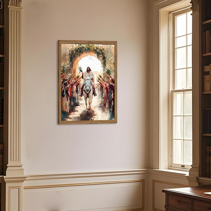 Jesus Triumph Wall Art Spiritual Jesus Palm Sunday Wall Decor Painting Christian Triumphal Religious Artwork 3D Textured Hand Drawn Sandstone for Bedroom Living Prayer Room 16x24 inch Wood Framed
