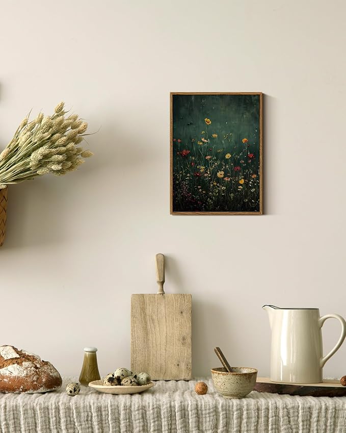 InSimSea Framed Canvas Prints Art Vintage Decor, Wildflower Field Antique Painting, Rustic Floral Botanical Wall Art for Living Room Bedroom Home Bathroom Wall Decor, 12x16inch