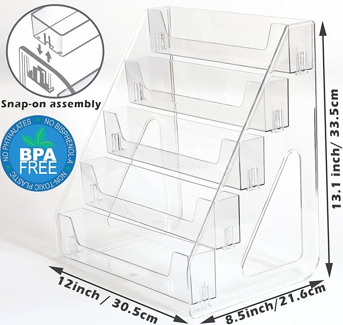 Card Display Stand set of 2, Clear 5-Tiered Shelf For Greeting Card, Stickers, Postcard, Sports Graded Card, Football Baseball Basketball Cards, Table Top Holder Display Rack For Psa Slabs (2 Pack)