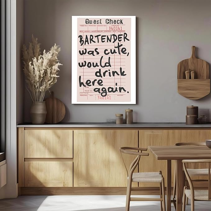 Framed Fun Bar Canvas Wall Art Bar Cart Accessories and Decor Trendy Preppy Black White Retro Guest Check Wall Decor Vintage Canvas Artwork for Home Kitchen Wall Decoration 16x24inch, Ready to Hang