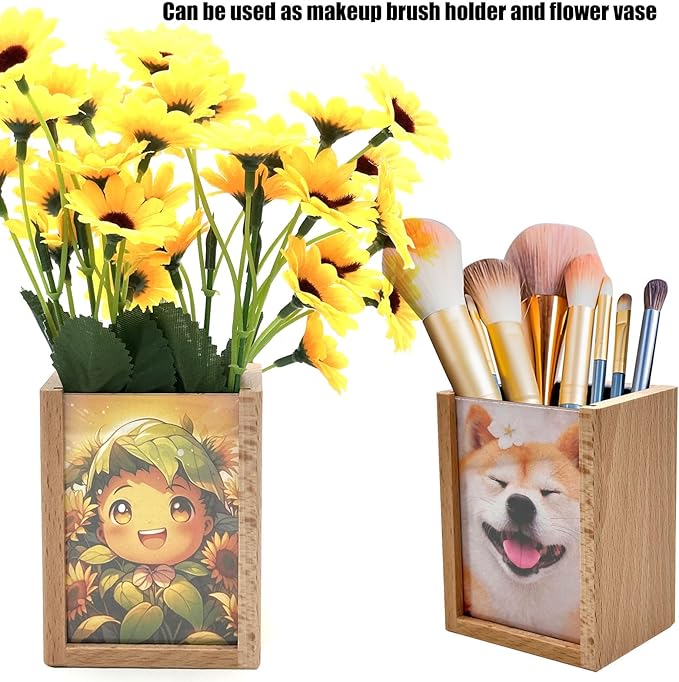 Solid Wood Pen Holder Photo Frame Wind Up Music Box for Desk, Multi Purpose Pencil Cup Makeup Brush Holders Organizers for Work and Study, Home, School, Office Desktop