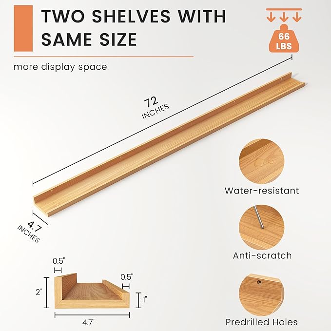 Picture Ledge Shelf, Floating Shelves Set of 2, 72 Inches Long Large Nursery Book Shelves for Toys Storage, Kids Bookshelf Wall Mounted for Living Room Bedroom Decor Books Photo Frames, Natural Oak