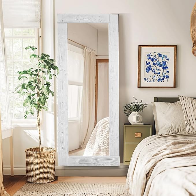 Full Length Mirror 65"x24" – Solid Wood Frame, HD Tempered Glass, Wall Mounted & Leaning, Rustic Modern Decor for Bedroom, Living Room, Entryway, White