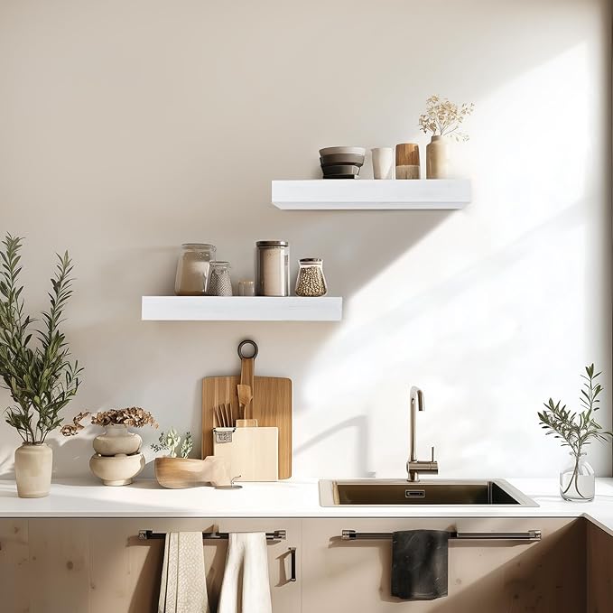 17x6.8x2 Inch Rustic Floating Shelves for Wall Set of 2 - White Solid Wood Wall Mounted Shelves with Invisible Bracket, Compact Design for Farmhouse Living Room Bedroom Kitchen Decor